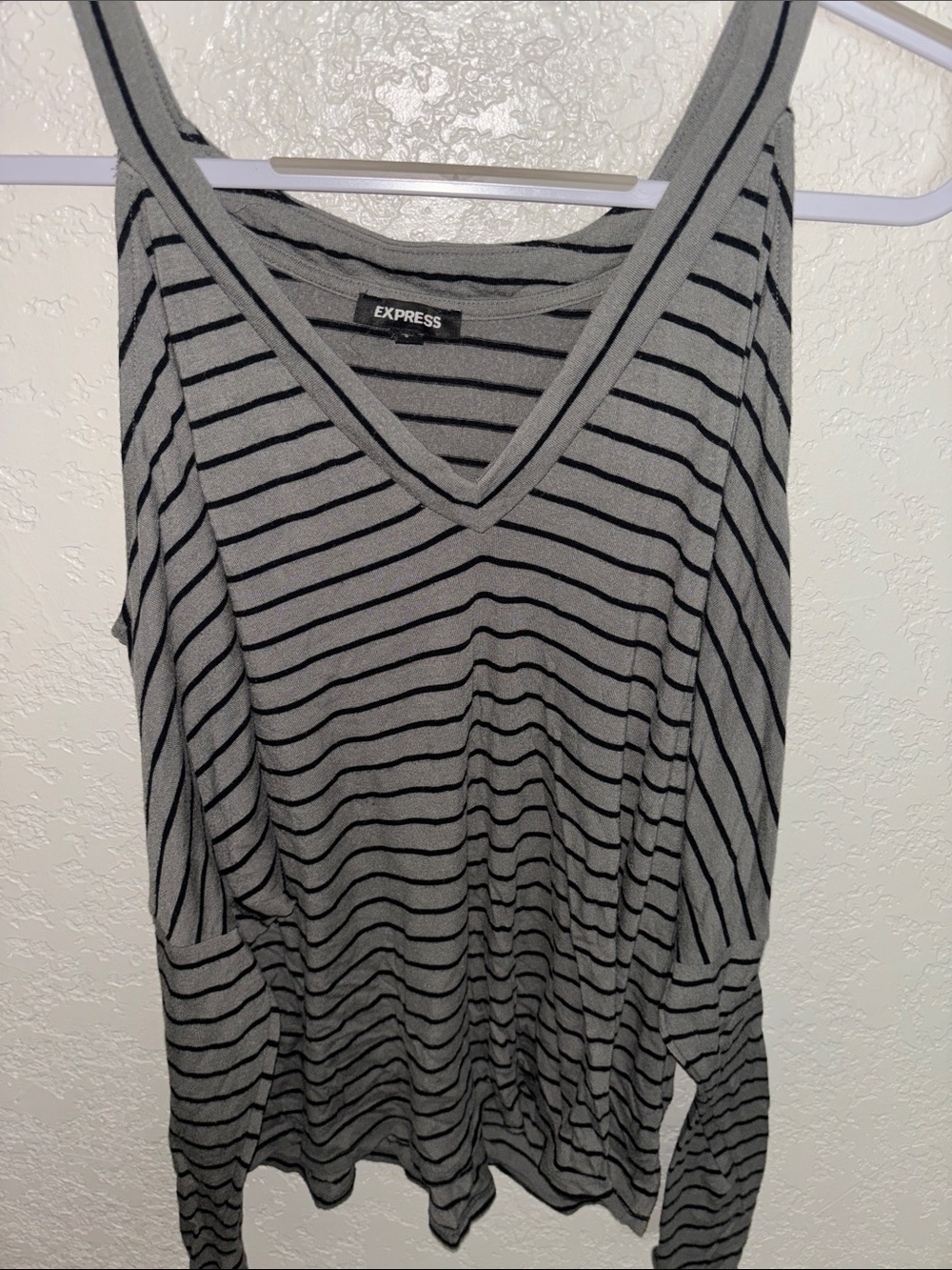 Express Dark Green and Black Striped V-Neck Cold Shoulder Long Sleeve Top